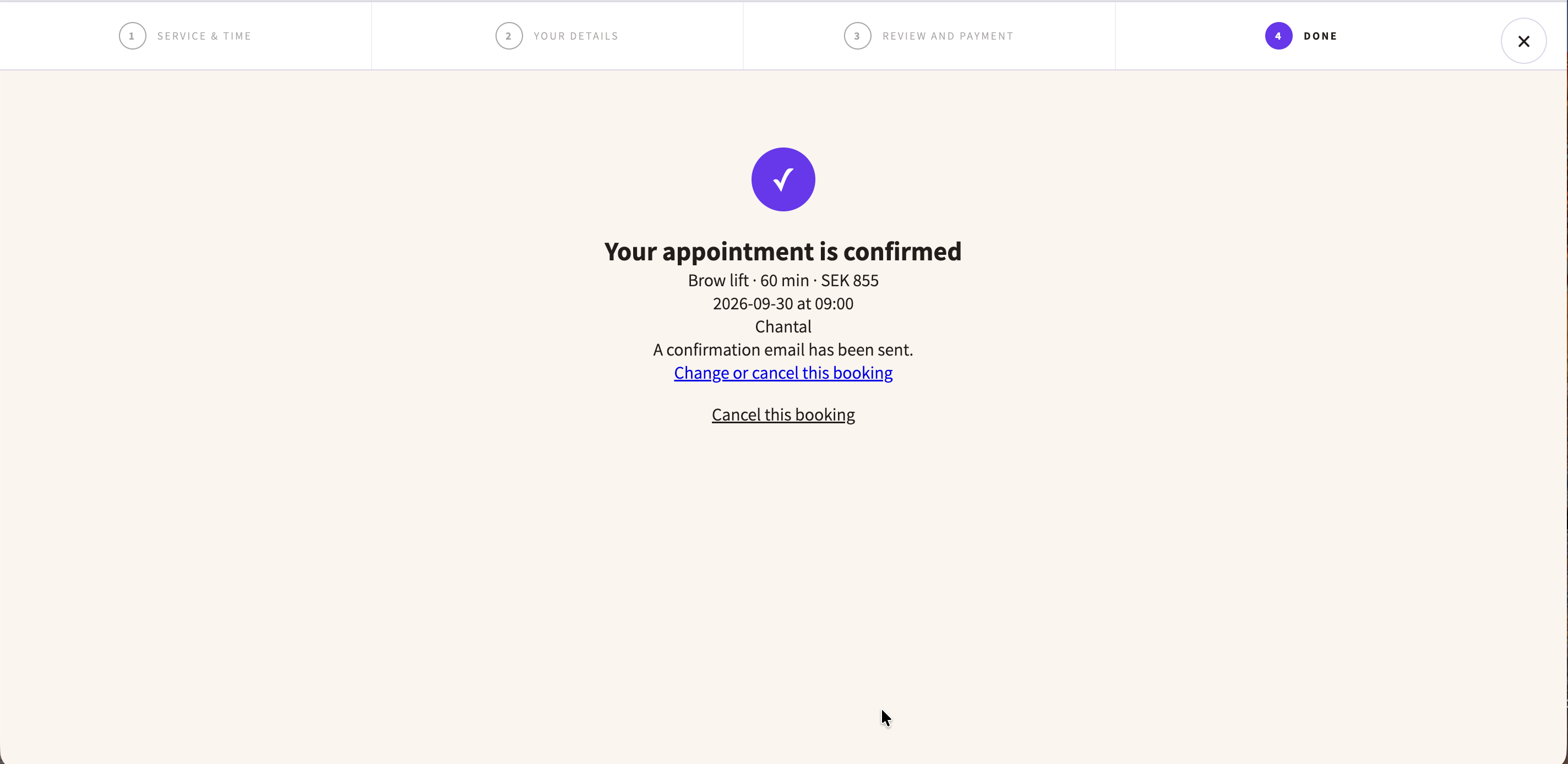 Purple Dollflow appointment confirmed screen