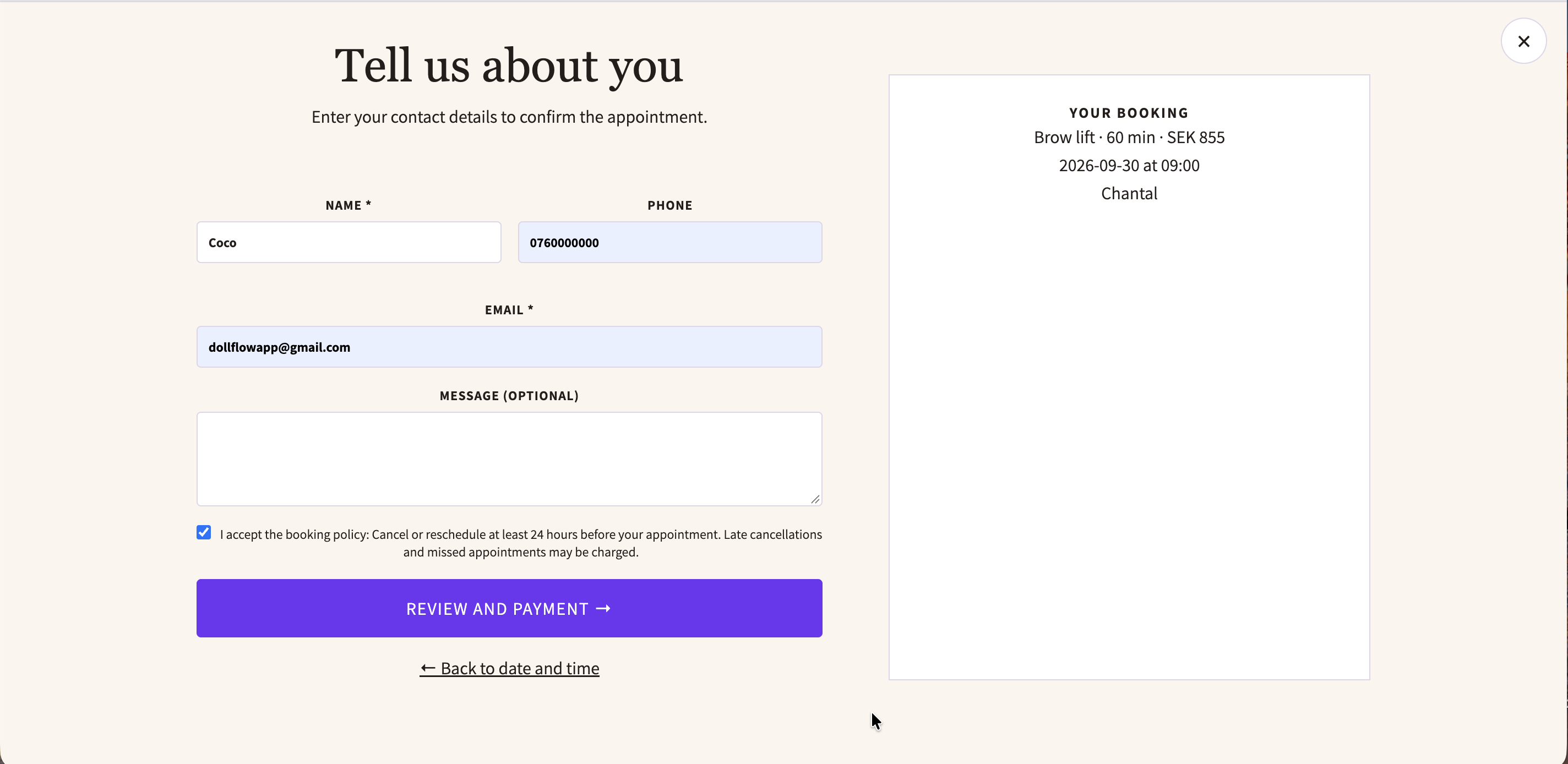 Customer details form in the purple Dollflow booking flow
