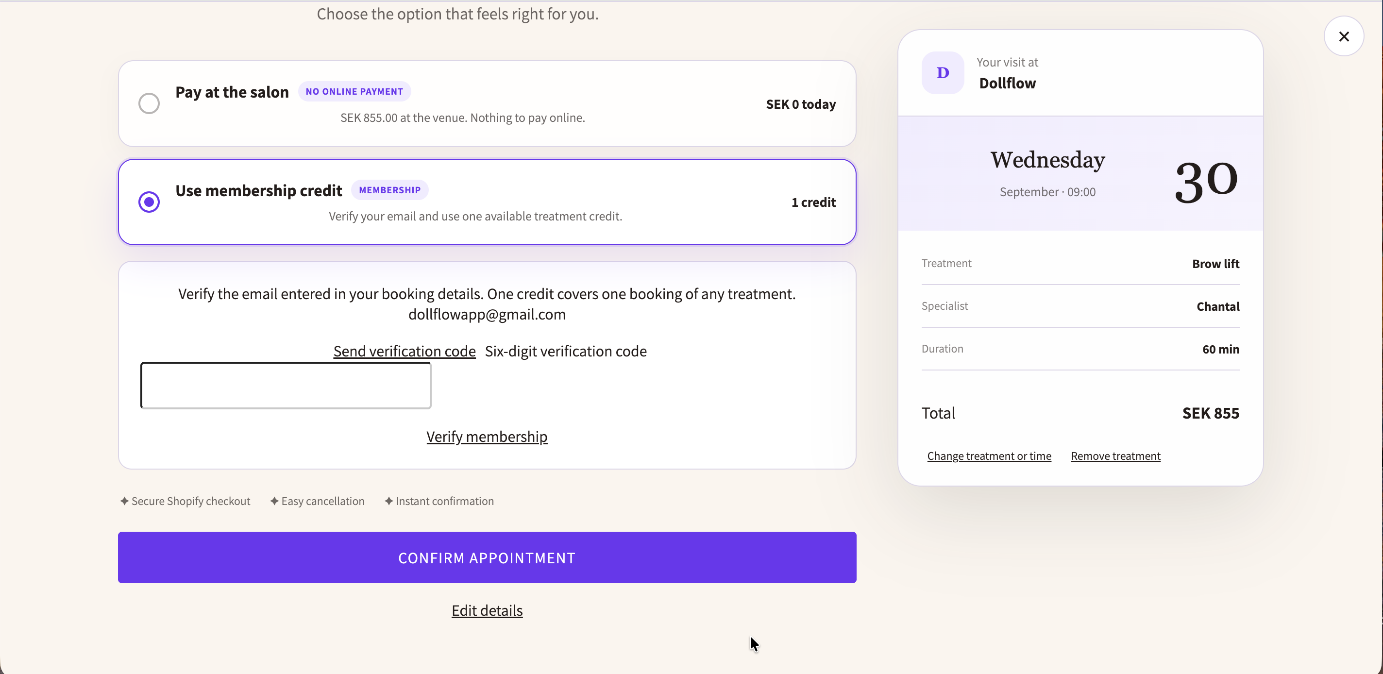 Customer verifies a membership credit during booking