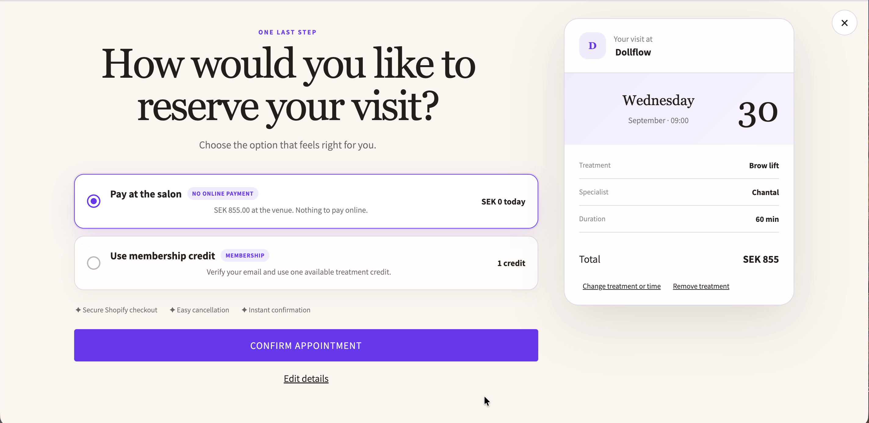 Customer chooses an appointment payment method