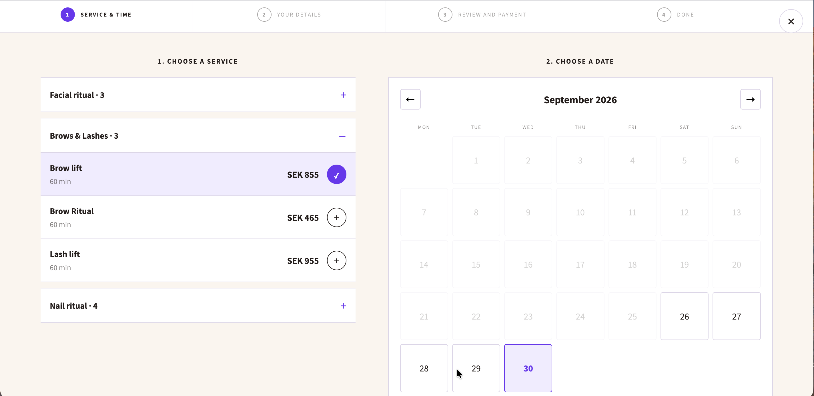 Customer chooses a service and date in the purple Dollflow booking flow