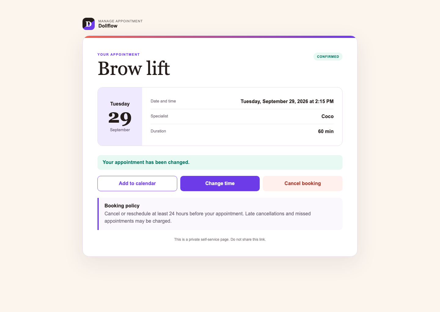 Dollflow customer self-service page for reviewing, rescheduling or cancelling an appointment