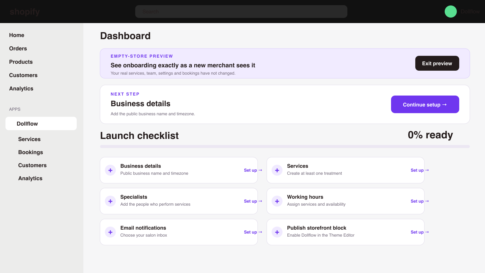 Dollflow empty-store preview with a guided launch checklist