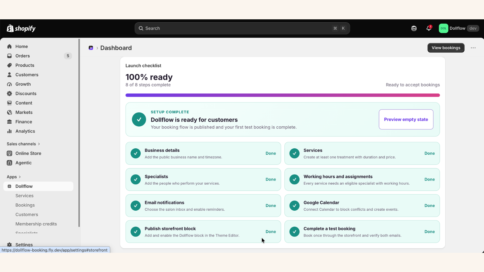 Completed Dollflow merchant onboarding checklist showing 100 percent ready