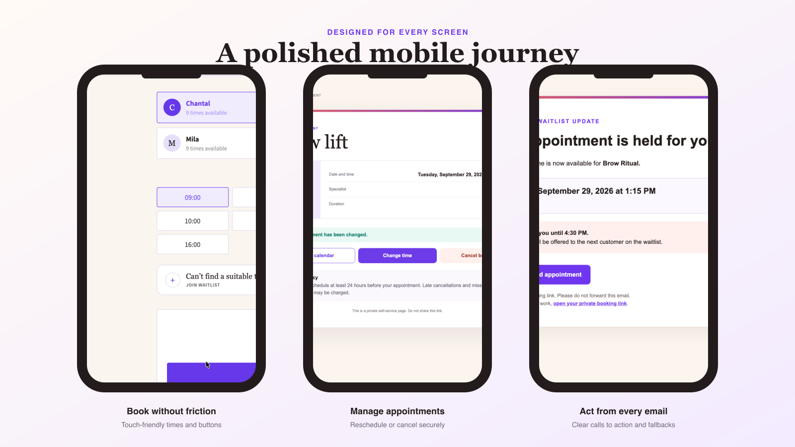 Dollflow booking, self-service and waitlist email shown in mobile phone frames