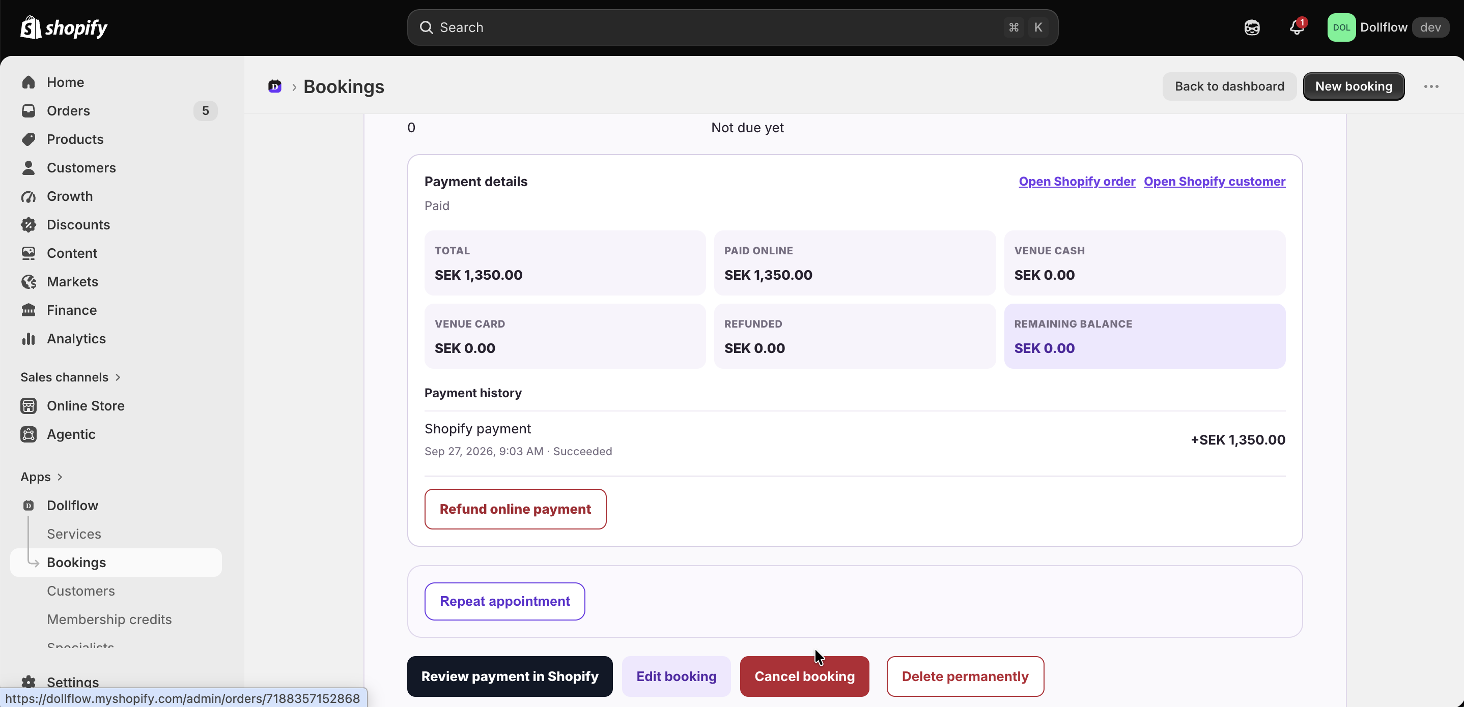 Booking payment details with Shopify payment review, refund, cancellation and permanent deletion controls