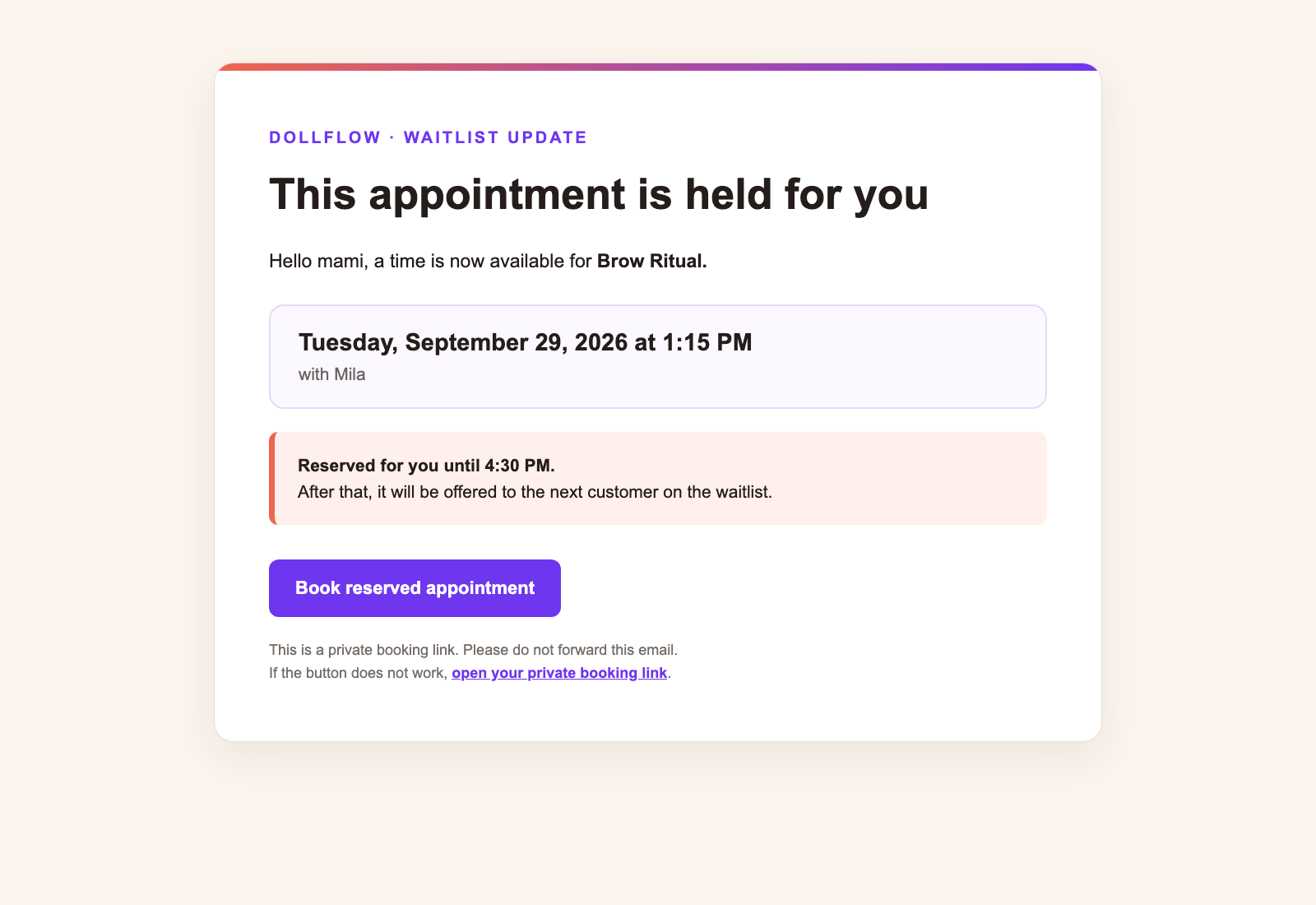 Dollflow waitlist appointment offer email with a purple booking button and coral expiry notice
